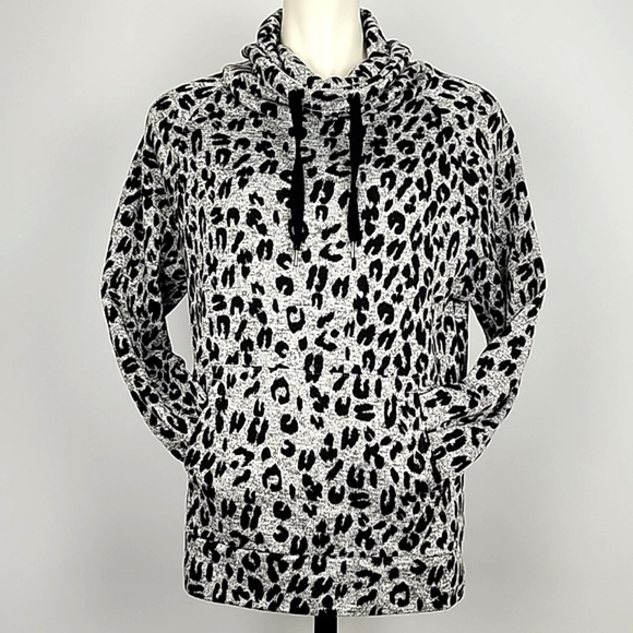 Derek Heart Women's Grey Black Leopard Print Cowl Kneck Kangaroo Pocket Sz Large - Picture 4 of 12